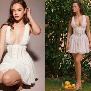 House of CB ‘Sarita' White Cotton Broderie Anglais Plunge Mini Dress NWT